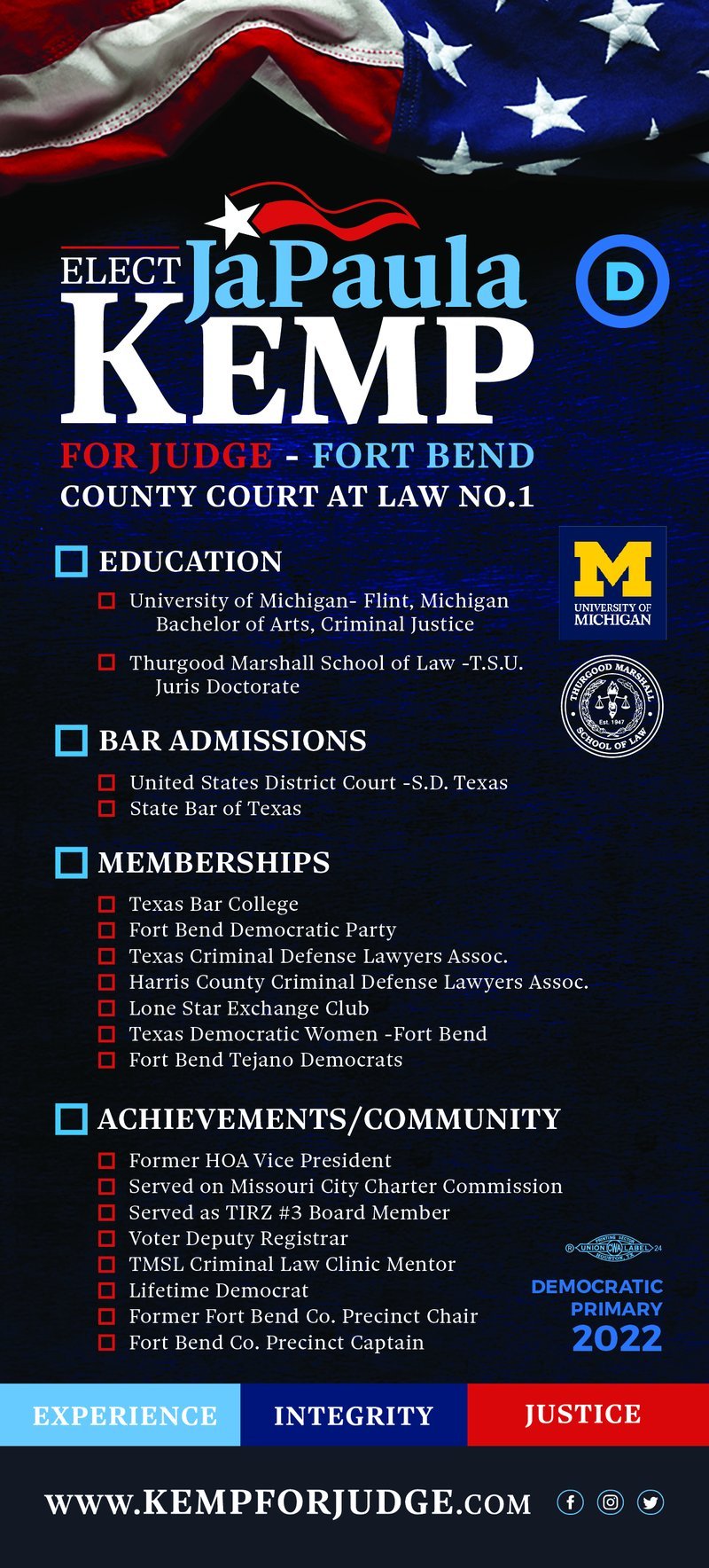 Elect JaPaula Kemp for Judge, Fort Bend County Court at Law No. 1 push card
