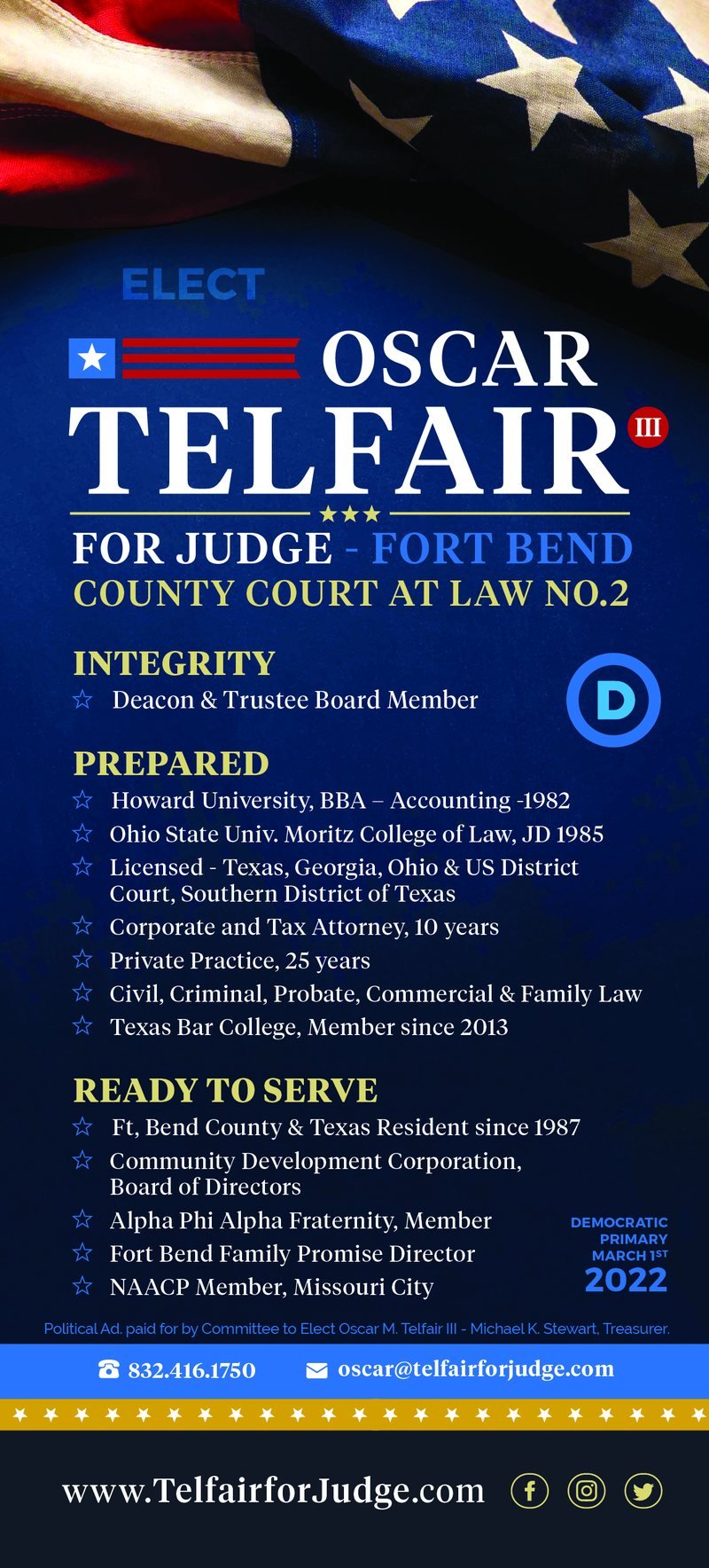 Elect Oscar Telfair III for Judge, County Court at Law No. 2 push card