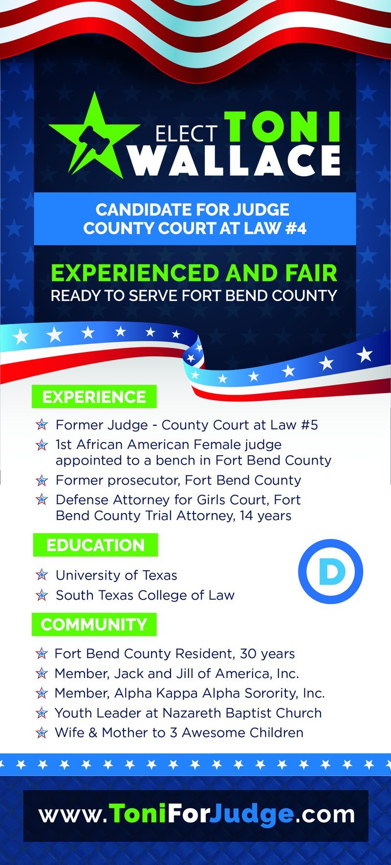 Elect Toni Wallace for Judge, County Court at Law No. 4 push card