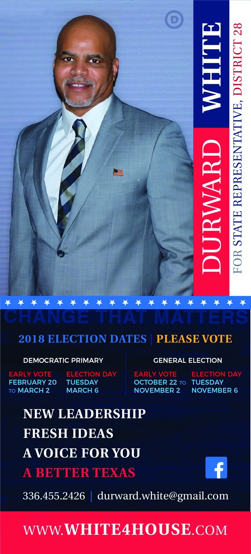 Durward White for Texas State Representative District 28 push card