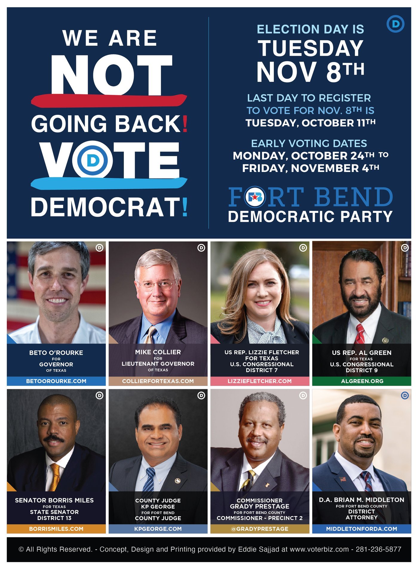 Fort Bend Democratic Party coordinated slate featuring US Rep. Al Green, US Rep. Lizzie Fletcher, Beto O'Rourke, Senator Borris Miles and county officials