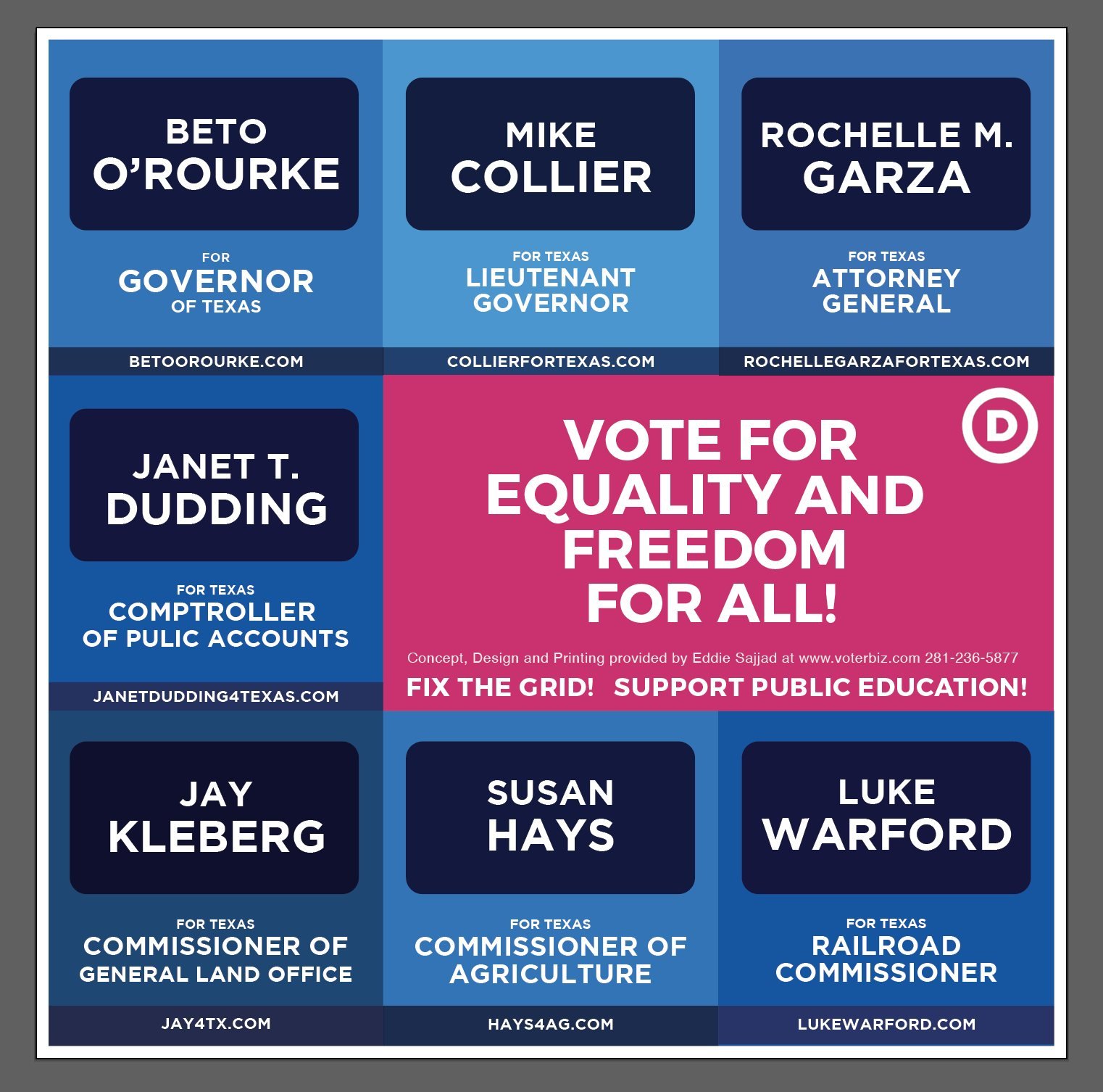 Statewide Texas Democratic slate sign featuring Beto O'Rourke, Mike Collier, Rochelle Garza and down-ballot candidates